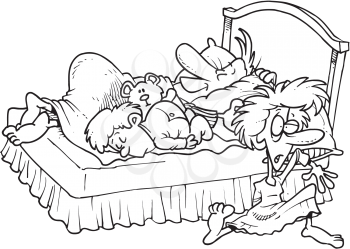 Royalty Free Clipart Image of a Woman Crowded Out of Bed