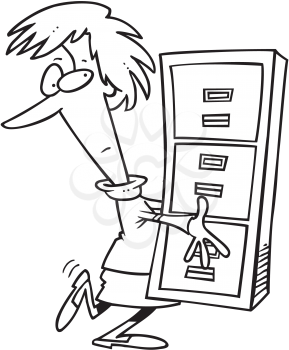Royalty Free Clipart Image of a Woman Carrying a File Cabinet