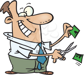 Royalty Free Clipart Image of a Man Cutting a Dollar