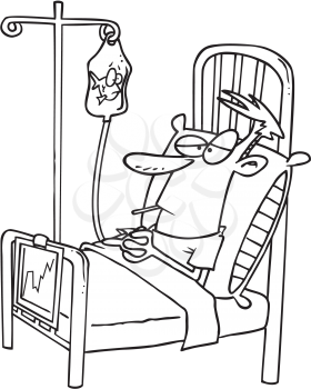 Royalty Free Clipart Image of a Man in a Hospital Bed With a Fish in the IV Bag