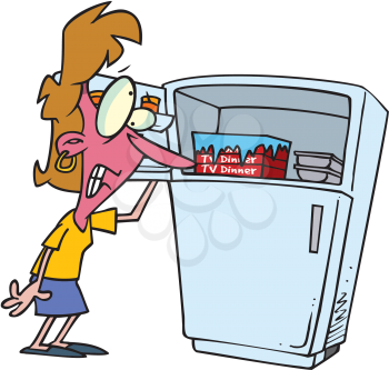Royalty Free Clipart Image of a Woman With a Red Face at a Refrigerator