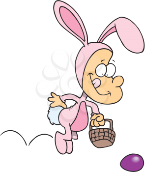 Royalty Free Clipart Image of a Child in a Bunny Suit Looking for Easter Eggs