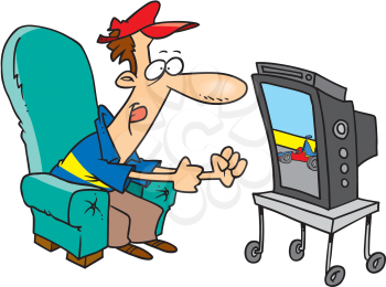 Royalty Free Clipart Image of a Fan Watching Car Racing on the Television
