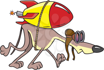 Royalty Free Clipart Image of a Hound With a Rocket Strapped to its Back
