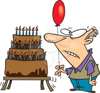 Royalty Free Clipart Image of a
Man Standing Beside a Birthday Cake Filled With Candles