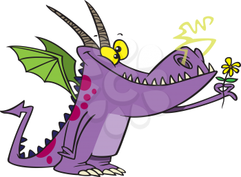 Royalty Free Clipart Image of a Dragon With a Flower