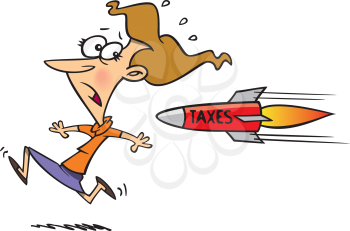 Royalty Free Clipart Image of a Woman Being Chased by a Taxes Rocket
