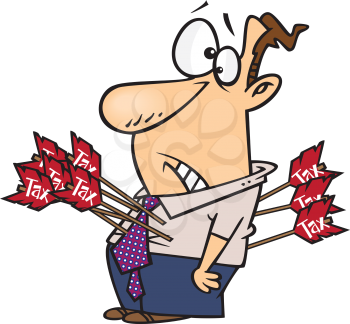 Royalty Free Clipart Image of a Man With Many Tax Arrows Stuck in Him