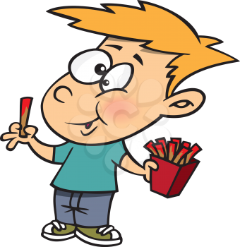 Royalty Free Clipart Image of a Boy Eating French Fries