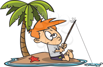 Royalty Free Clipart Image of a Boy Fishing on an Island