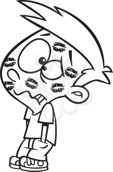 Royalty Free Clipart Image of a Boy With Lipstick Marks on His Face