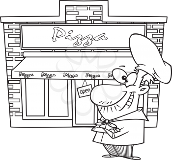 Royalty Free Clipart Image of a Pizza Chef in Front of a Pizza Place