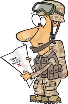 Royalty Free Clipart Image of a Man in Camouflage Looking at a Map