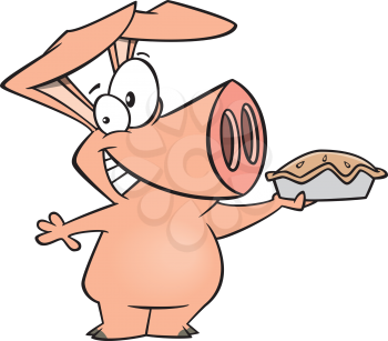Royalty Free Clipart Image of a Pig Holding a Pie