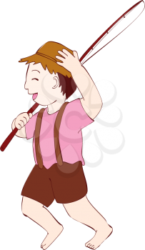 Royalty Free Clipart Image of a Boy Wearing a Hat Carrying a Fishing Pole