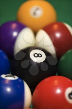 Royalty Free Photo of a Close-Up of Pool Balls on a Green Billiards Table