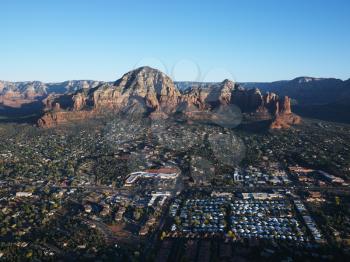 Aerial view of Sedona, Arizona with landforms.