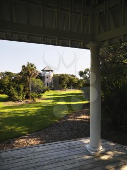 Lookout tower at park from covered porch at Bald Head Island, North Carolina.