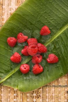 Royalty Free Photo of Raspberries on a Banana Leaf