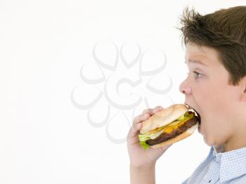 Royalty Free Photo of a Boy Eating a Cheeseburger