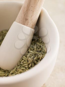 Royalty Free Photo of Fennel Seeds With a Mortar and Pestle