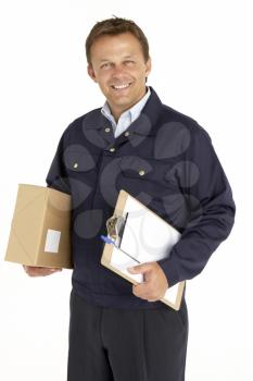 Royalty Free Photo of a Courier With a Parcel and Clipboard