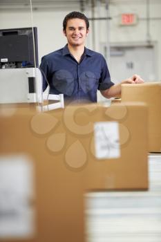 Worker Checking Goods On Belt In Distribution Warehouse