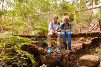 Father and son sitting on a bridge in a forest playing