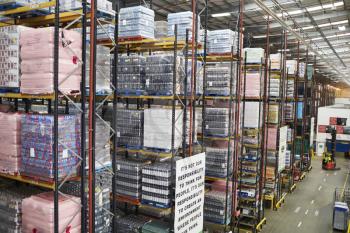 Stored goods in large distribution warehouse, elevated view