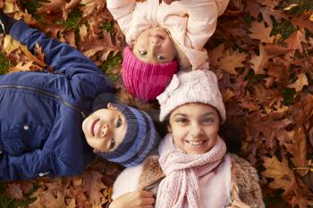 Overhead Portrait Of Three Children Lying In Autumn Leaves