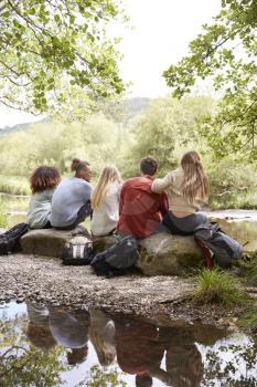 Five young adult friends taking a break sitting on rocks by a stream during a hike, back view, vertical