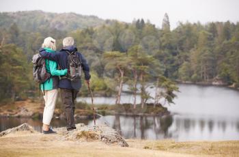 Senior couple standing embracing and admiring the view of a lake, back view