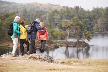 Grandparents and grandchildren standing on a rock admiring the view of a lake, back view, Lake District, UK