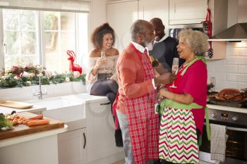 Multi-ethnic adult family celebrating  with champagne, talking and embracing in the kitchen while preparing dinner on Christmas Day