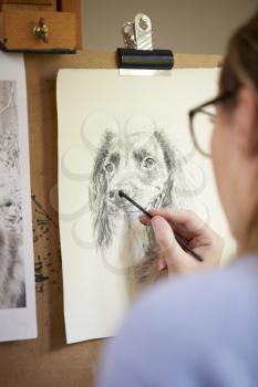 Rear View Of Female Teenage Artist Sitting At Easel Drawing Picture Of Dog  In Charcoal