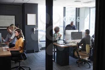 Young creative team working together at computers in a casual office, seen through glass wall