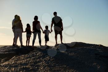 Three generation family on a beach holding hands, admiring view, full length, silhouette, back view