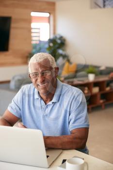 Portrait Of Senior African American Man Using Laptop To Check Finances At Home