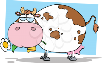 Royalty Free Clipart Image of a Cow Eating a Daisy