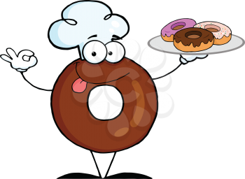 Royalty Free Clipart Image of a Donut in Chef's Hat With a Plate of Donuts