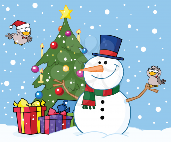 Royalty Free Clipart Image of a Snowman and Birds By a Chrismtas Tree