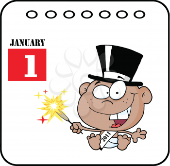 Royalty Free Clipart Image of a New Year's Day Baby on a Jan. 1 Calendar Page
