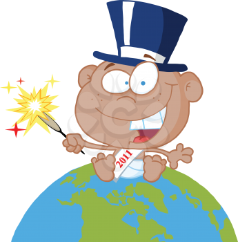 Royalty Free Clipart Image of a New Year's Baby on Top of the World