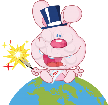 Royalty Free Clipart Image of a New Year Baby Rabbit on the Globe
