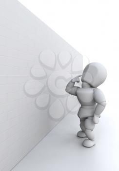 3D man staring at a wall thinking isolated