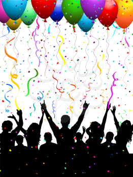 Silhouette of a party crowd with balloons and confetti