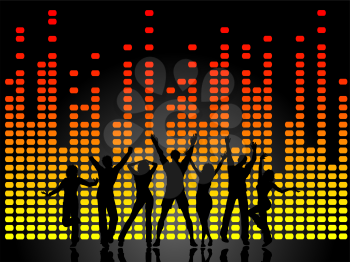 Silhouettes of people dancing on graphic equaliser background