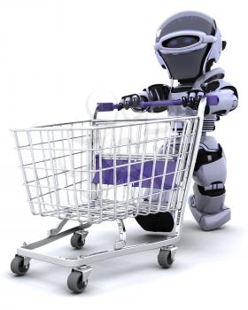 3D render of a robot shopping with a cart