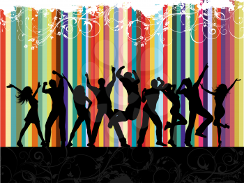 Silhouettes of people dancing on a floral grunge background