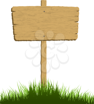 Wooden sign in grass with a white background